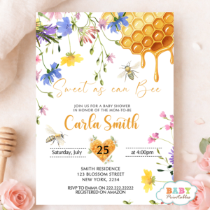 Little Honey Bee Baby Shower Invitation, Girl Bee Shower Invite, Floral Honey Theme, Editable Baby Shower Invite, Instant Download