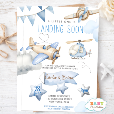 airplane baby shower, boy baby shower invite, landing soon invite, blue baby shower, gingham baby shower, vintage airplane invite, baby boy invitation, printable baby invite, travel theme baby, baby shower card, little one landing, airplane party invite, baby shower template