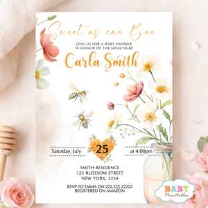 Little Honey Bee Baby Shower Invitation, Girl Bee Shower Invite, Floral Honey Theme, Editable Baby Shower Invite, Instant Download
