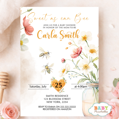 Little Honey Bee Baby Shower Invitation, Girl Bee Shower Invite, Floral Honey Theme, Editable Baby Shower Invite, Instant Download