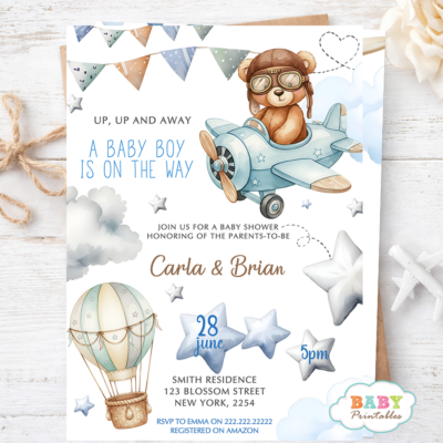 airplane baby shower, boy baby shower invite, landing soon invite, blue baby shower, gingham baby shower, vintage airplane invite, baby boy invitation, printable baby invite, travel theme baby, baby shower card, little one landing, airplane party invite, baby shower template, teddy bear baby shower invite