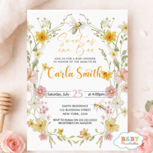 Little Honey Bee Baby Shower Invitation, Girl Bee Shower Invite, Floral Honey Theme, Editable Baby Shower Invite, Instant Download