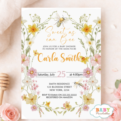 Little Honey Bee Baby Shower Invitation, Girl Bee Shower Invite, Floral Honey Theme, Editable Baby Shower Invite, Instant Download