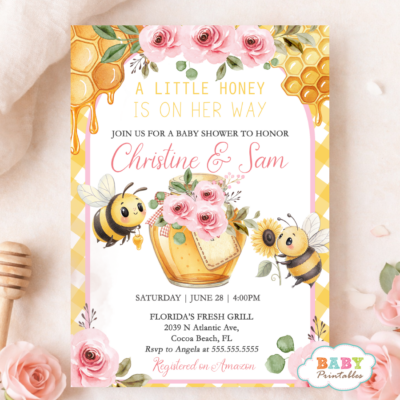 Little Honey Bee Baby Shower Invitation, Girl Bee Shower Invite, Floral Honey Theme, Editable Baby Shower Invite, Instant Download