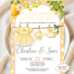 Lemon baby shower theme Baby girl shower invitations Summer baby shower party Citrus floral baby shower decor Printable or digital invitations