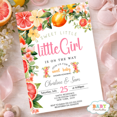 Lemon baby shower theme Baby girl shower invitations Summer baby shower party Citrus floral baby shower decor Printable or digital invitations